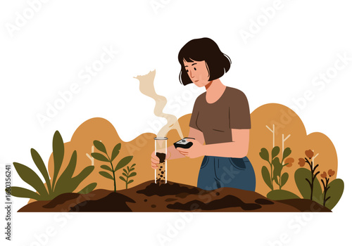 A woman analyzes soil outdoors, using a device. She?s examining a sample in a clear tube, surrounded by plants. A serene, natural setting.