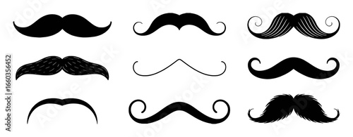 Collection of nine diverse black mustache styles on a white background