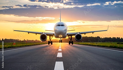 Airplane taxiing sunset runway.