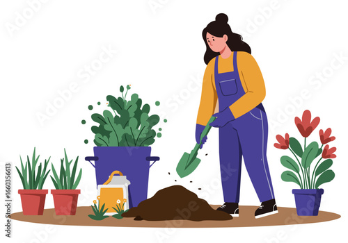 A woman gardens, setting up a compost bin with tools. A vibrant, healthy garden scene. Ideal for sustainability and gardening themes.