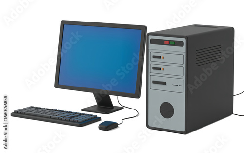 Classic desktop computer setup with monitor keyboard and mouse on transparent background