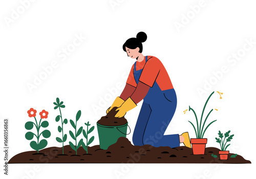 A woman kneels, composting in a garden with blooming flowers. A vibrant, optimistic scene showcasing sustainable gardening.  Bright colors and a focus on natural elements.