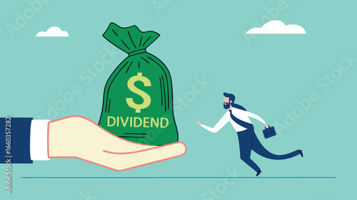 getting dividend from investment with happy businessman receives a bag of dividend money from the businessman's hand

