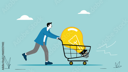 tutoring or skills development, buy online courses or take training to improve skills, businessman buys light bulb idea puts it in shopping cart concept vector illustration
