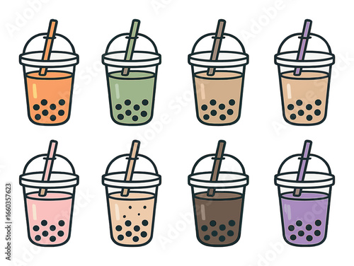 Colorful bubble tea icons with tapioca pearls and straws in various flavors and colors
