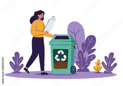 A woman sorts recycling, placing waste into a compost bin. A modern illustration style depicts sustainable practices and environmental awareness. Clean, bright, and inviting.