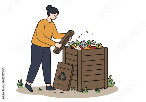 A woman sorts waste into a compost bin, promoting sustainable practices. Clean, modern illustration with a focus on environmental responsibility.