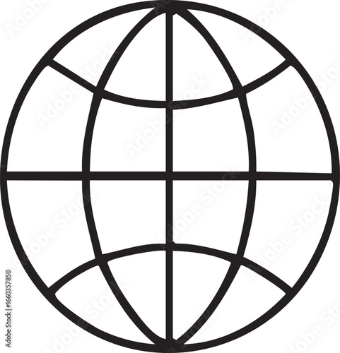 Black outline of a globe with latitude and longitude lines on a white background