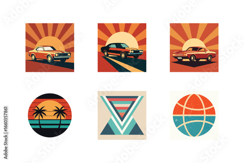 Vintage cars and retro sunset graphics Keywords: vintage car, retro car, sunset, 70s, 80s, retro