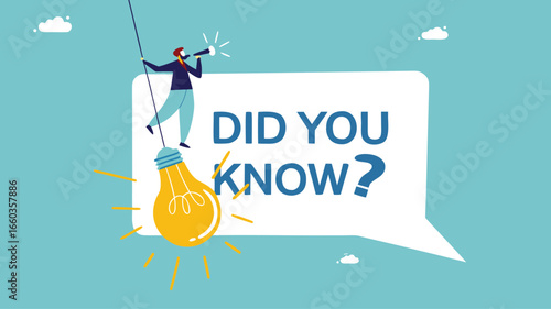 did you know? concept illustration, expert information, explanation or solution, businessman riding a light bulb idea balloon and using a megaphone with a speech bubble that says did you know?
