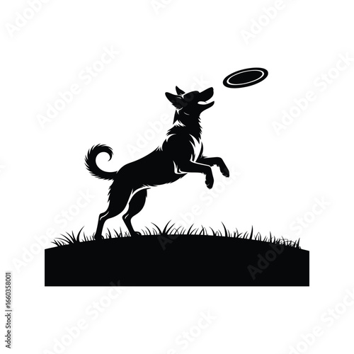 Athletic Dog Silhouette Catching Frisbee in Mid Air on a Grassy Field