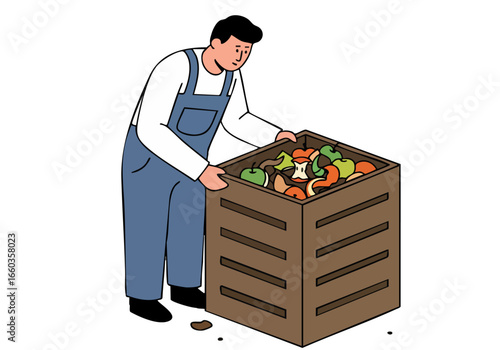 A worker inspects waste in a wooden crate. Detailed illustration style. Focus on the texture and color of the discarded items. Clean, modern aesthetic.