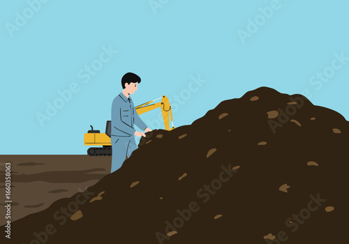 A worker oversees composting with an excavator, showcasing a large pile of dark soil. A clear, detailed illustration with a muted color palette.