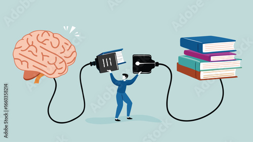 read books to learn new lessons, literature or intelligence information, improve literacy and numeracy skills, businessman connect plug with stack of book with human brain concept vector illustration
