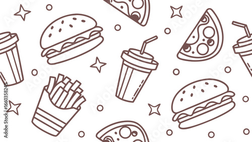 Fast Food Related Seamless Pattern and Background with Line Icons.Fast Food and Street Food Related Modern Line Art Icons Background. Linear Style Vector Illustration.