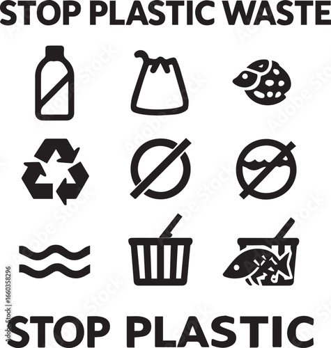 Icons promoting plastic waste reduction and environmental conservation for a sustainable future