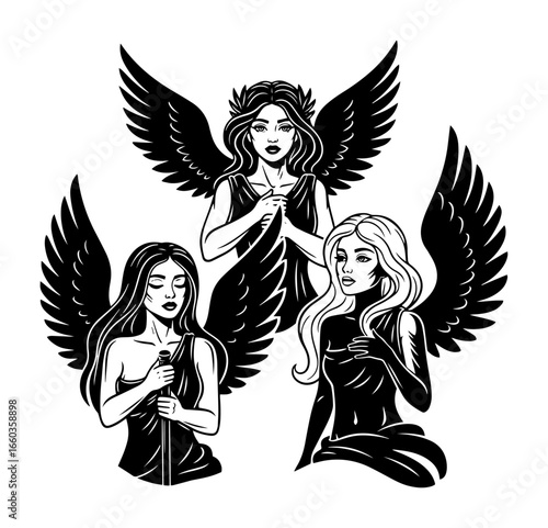 Winged Greek Muses Trio – Vintage Engraved Illustration