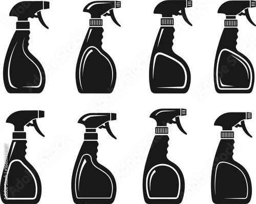 household cleaning trigger spray black, Set of black spray bottles in various angles, perfect for cleaning product icons, vector illustrations for packaging, branding, and graphic design.