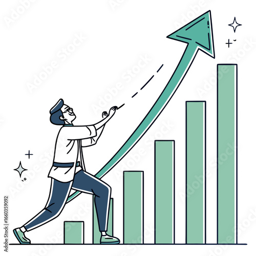 Business growth chart with upward arrow and a man pushing the arrow up