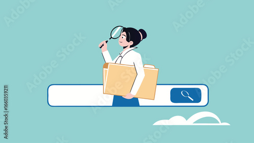 find new job or explore website concept, looking for job vacancies, browse the internet to get information, search concept, woman looking for job information in the search box using magnifying glass
