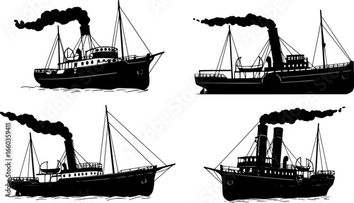 Illustration of four steam powered boats and ships with smoke stacks in black and white silhouette style