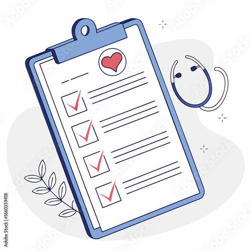Medical checklist on a clipboard with stethoscope