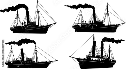 Illustration of four steam powered boats and ships with smoke stacks in black and white silhouette style
