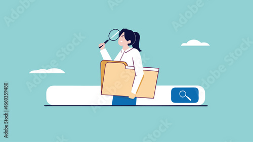 find new job or explore website concept, looking for job vacancies, browse the internet to get information, search concept, woman looking for job information in the search box using magnifying glass
