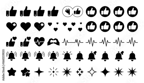 Collection of Social Media Icons: Thumbs Up, Hearts, Pulse, Bells, and Stars