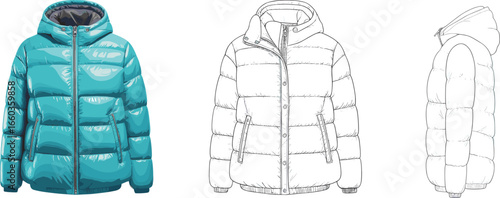 Detailed technical flat sketch and colored illustration of blue puffer jacket with hood, zipper pockets, elastic cuffs, winter fashion outerwear design.