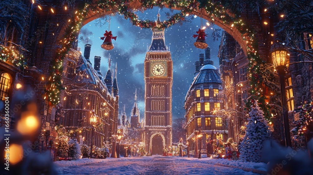 Obraz premium Festive snowy city street at night