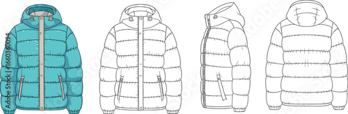 Technical flat sketch of blue puffer jacket with hood, front zipper, elastic cuffs, side pockets, winter outerwear design fashion illustration.