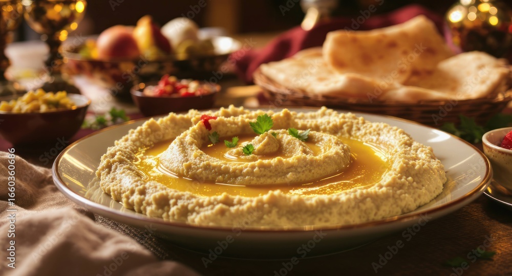 Middle Eastern feast creamy hummus, flatbread, dips, fruit, and golden goblets Middle Eastern feast creamy hummus, flatbread, dips, fruit, and golden goblets