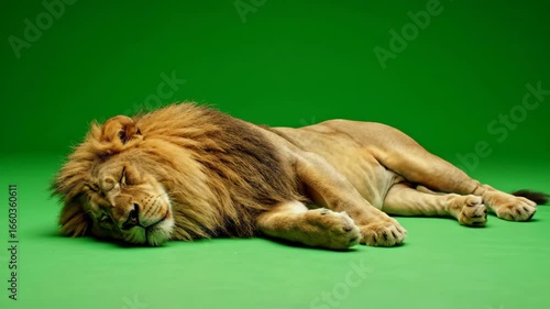 Resting Lion Relaxing on Green Screen Background with Tail Moving Slightly