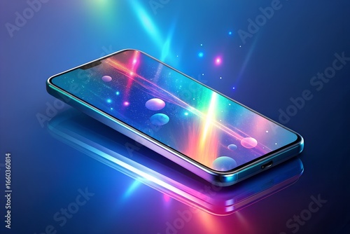 Photo of a smartphone with a cosmic display and glowing light effects on the screen