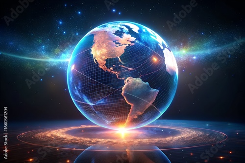 Photo of a digital globe of the Earth with network connections in outer space