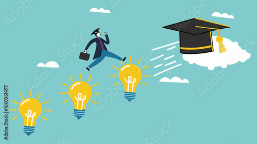 success step to achieve high education with knowledge, way to achieve higher education, journey to graduation, man jump through the light bulb idea towards graduation cap concept vector illustration
