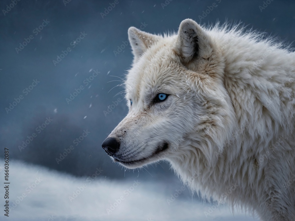 Obraz premium Up Close Blue-Eyed Arctic Wolf in Winter