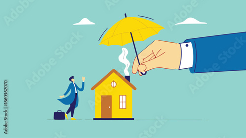 home insurance or homeowners protection, security shield concept, guarantee to protect the house from damage or loss of contents and structure, big businessman hand covers the house and its owner
