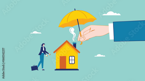 home insurance or homeowners protection, security shield concept, guarantee to protect the house from damage or loss of contents and structure, big businessman hand covers the house and its owner

