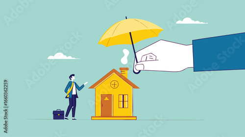 home insurance or homeowners protection, security shield concept, guarantee to protect the house from damage or loss of contents and structure, big businessman hand covers the house and its owner
