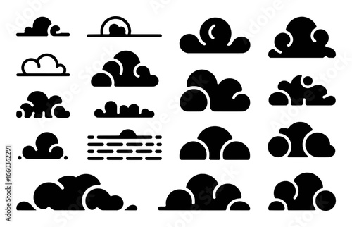 Collection of stylized black cloud icons on a white background