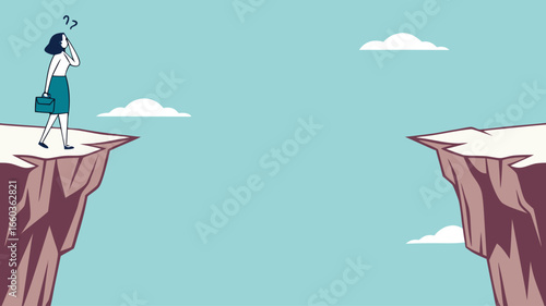 creative problem solving at work illustration with the concept of a businesswoman who is looking for a way to cross the gap between two cliffs, challenge at work
