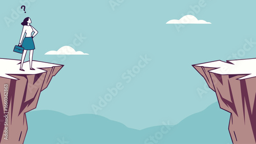 creative problem solving at work illustration with the concept of a businesswoman who is looking for a way to cross the gap between two cliffs, challenge at work
