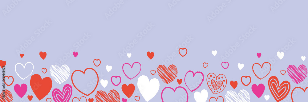 Banner with cute cartoon floating hearts. Background with hand drawn shapes. Doodles. Design for Valentine’s Day, Mother’s Day and Women’s Day. Vector illustration Banner with cute cartoon floating hearts. Background with hand drawn shapes. Doodles. Design for Valentine’s Day, Mother’s Day and Women’s Day. Vector illustration