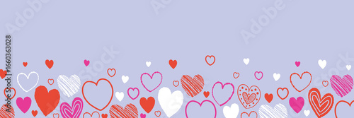 Banner with cute cartoon floating hearts. Background with hand drawn shapes. Doodles. Design for Valentine’s Day, Mother’s Day and Women’s Day. Vector illustration