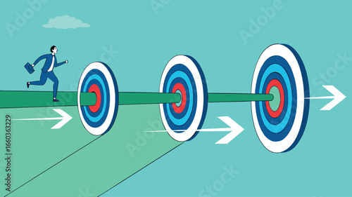 step to reach success or achievement, Short term, mid-term and long term goals, stages to achieve greater success, businessman running to short, medium and long term success target
