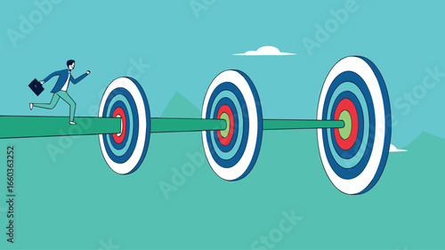 step to reach success or achievement, Short term, mid-term and long term goals, stages to achieve greater success, businessman running to short, medium and long term success target
