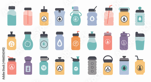 Vibrant collection of diverse reusable hydration bottles for active lifestyle and health. Various designs and colors.