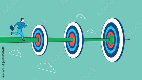 step to reach success or achievement, Short term, mid-term and long term goals, stages to achieve greater success, businessman running to short, medium and long term success target
